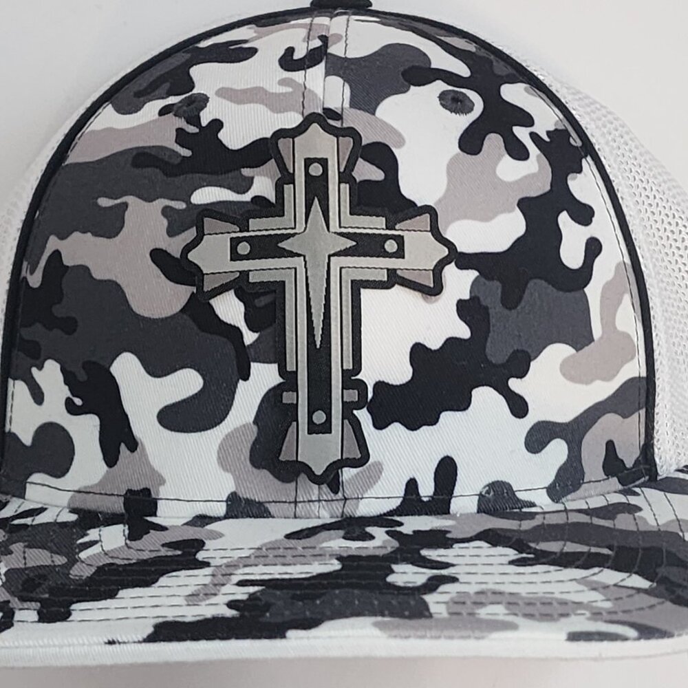 Silver Cross Patched Pacific Headwear Snow Camo Flexfit Trucker Hat